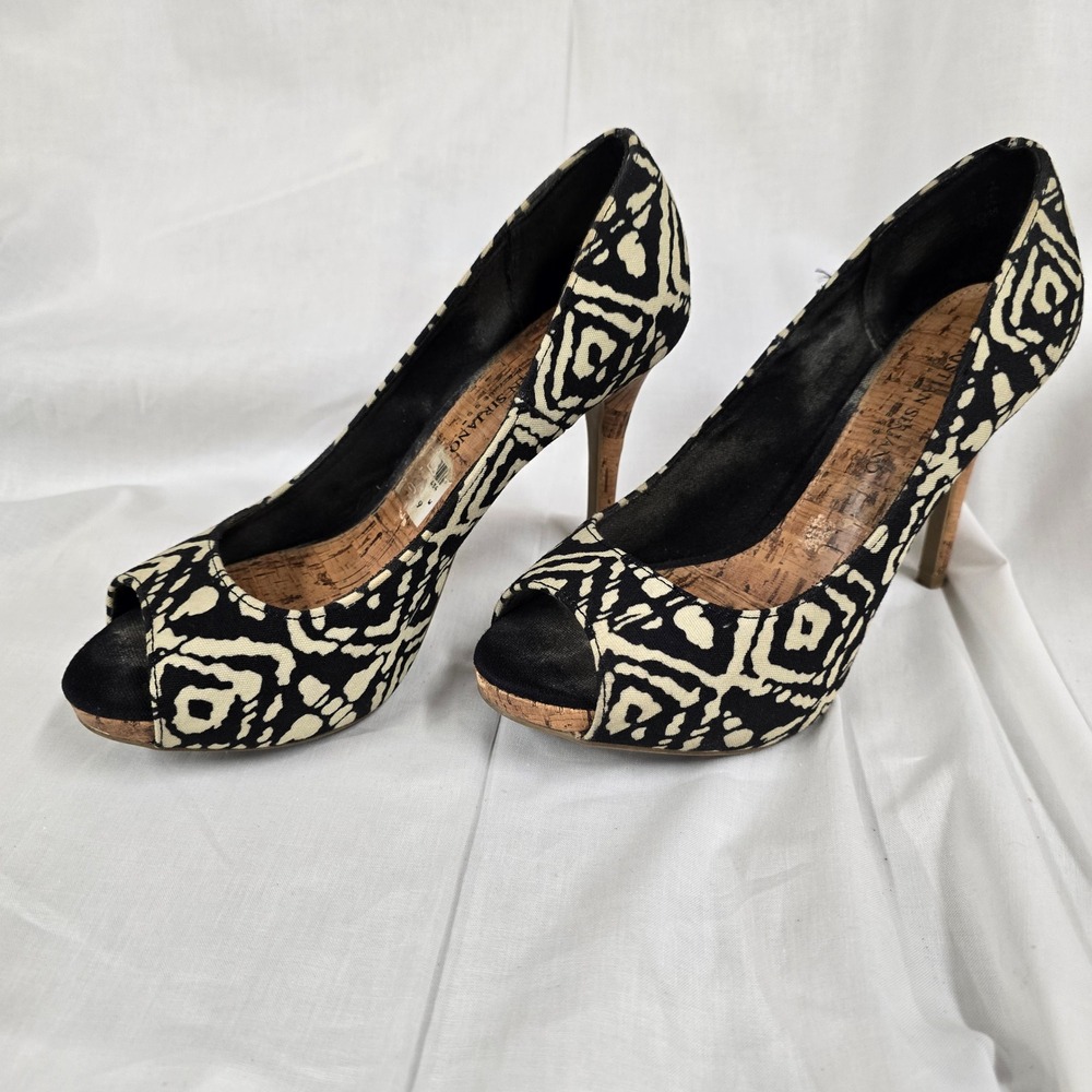 Christian Siriano Black Cream Tribal Print Peep Toe Platform Cork Heels Size 7W